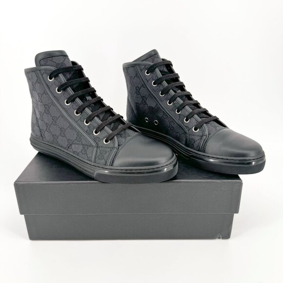 Gucci Brooklyn High Top Sneakers EU 39.5 US 9.5 Black GG Monogram Canvas Cap Toe - Picture 1 of 11
